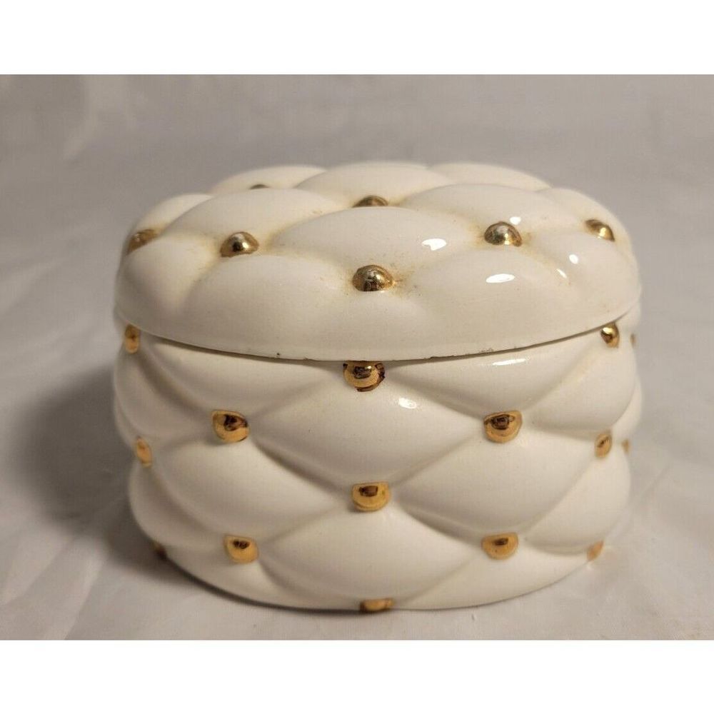 VTG HOLLAND MOLD HANDMADE WHITE DIAMOND & GOLD CUSHION STYLE TRINKET BOX & LID